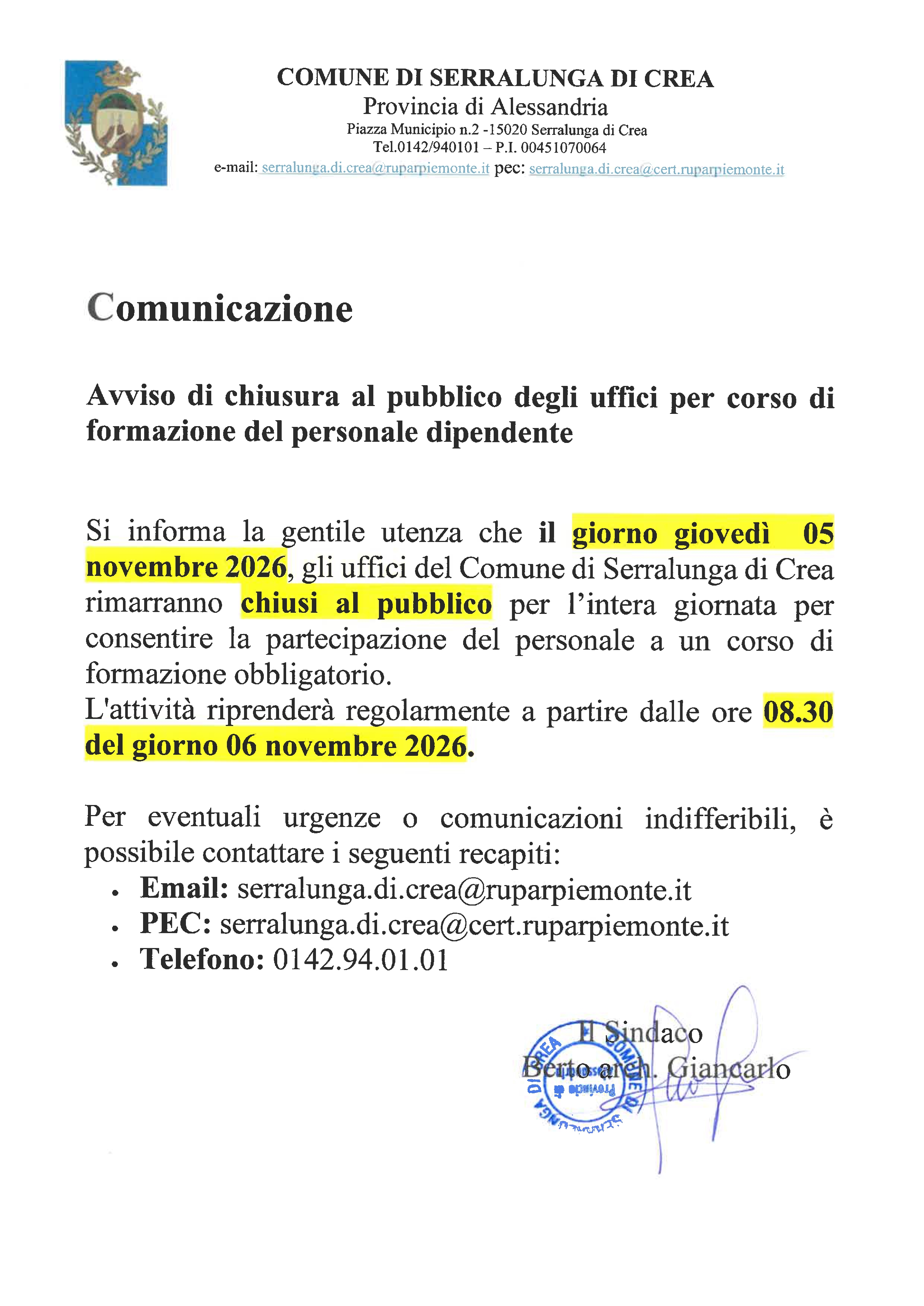 Chiusura al pubblico degli uffici Comunali il giorno giovedì 05 novembre per corso di formazione del personale dipendente